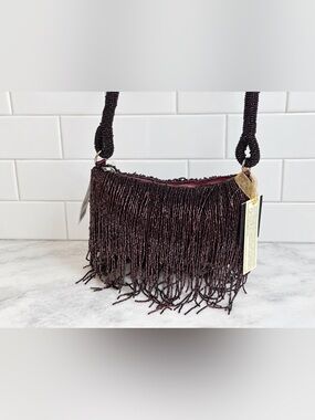 Viral Made In India Burgundy Magenta Beaded Fringe Shoulder Bag NWT